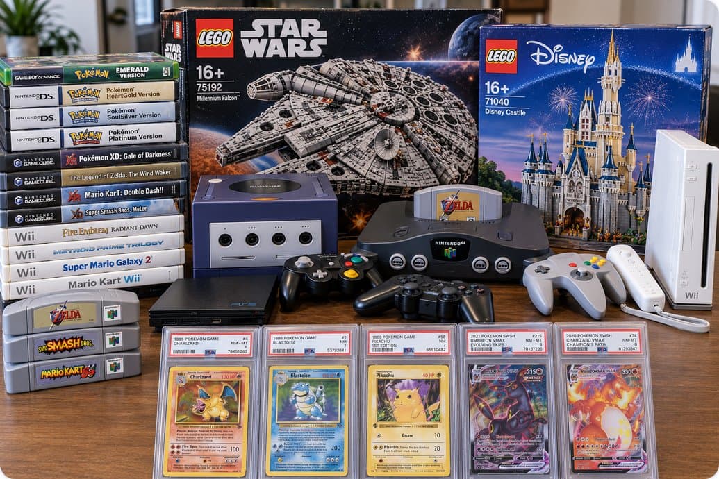 A stack of fifteen game cases (Game Boy Advance, Nintendo DS, GameCube and Wii) beside three Nintendo 64 cartridges, an indigo GameCube, a Nintendo 64, a PlayStation 2 and a white Wii, two LEGO boxes showing set numbers 75192 and 71040, and five PSA-graded Pokémon cards on a wooden table.